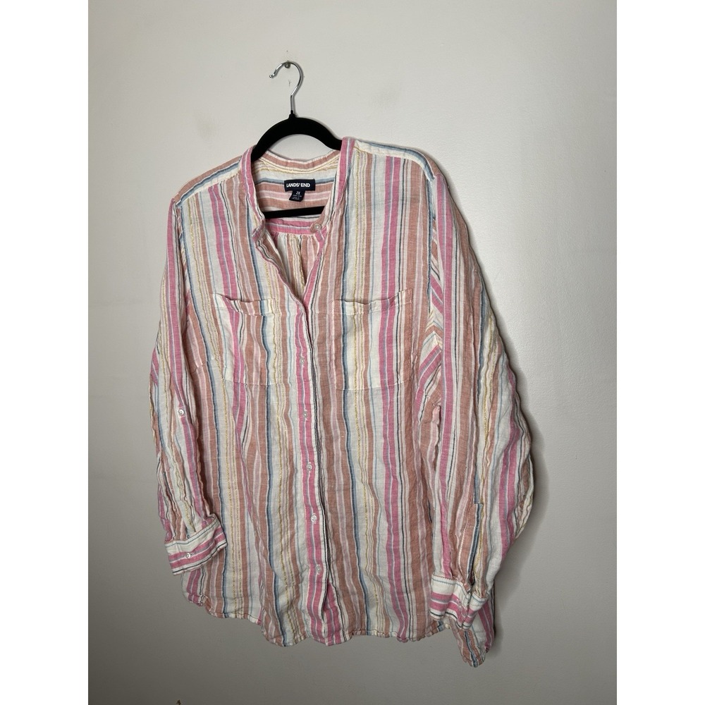 Lands End Womens Linen Top Size 2X 20W-22W Womens Button Front Roll Tab Sleeve - Picture 3 of 9